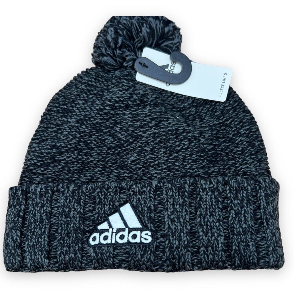 Adidas Hat Mens‎ One Size Black Gray Beanie Recon 3 Ballie Cuffed Lined Pom Pom